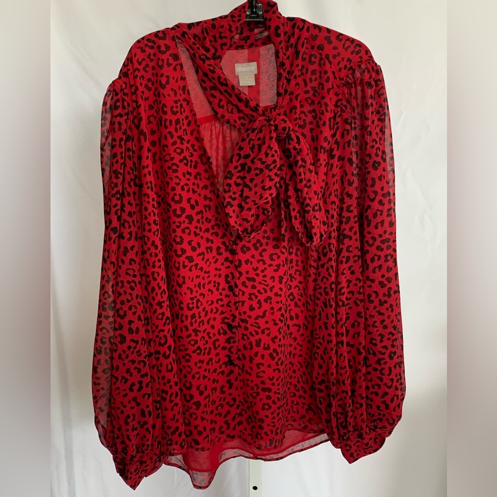 Chico's Red and Black Leopard Print Bow Blouse